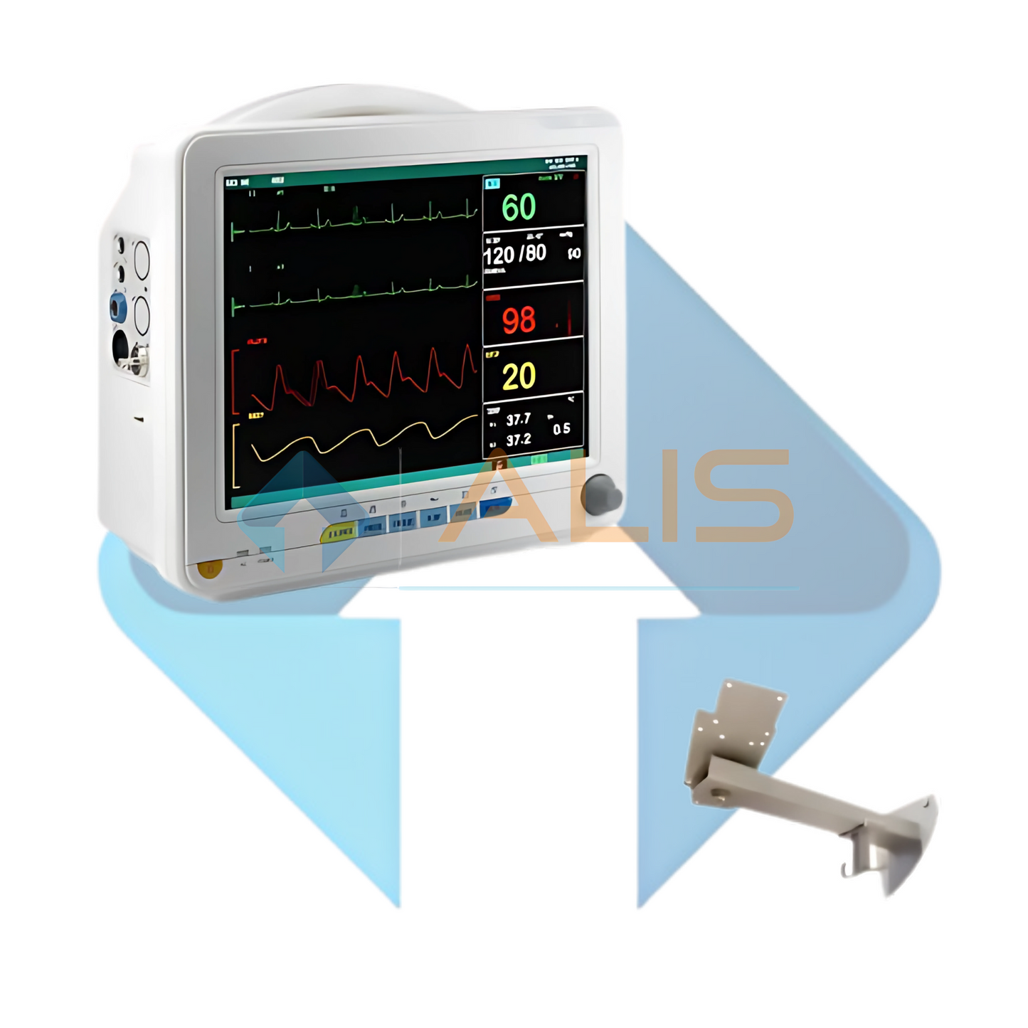 5 Para Monitor SpO2, HR, NIBP, ECG, RESP, 2 Temp with Wall Mounted Stand