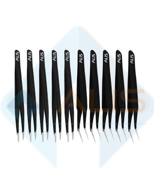 Set of 10 Non Magnetic ESD Safe Black Coated Tweezers - 5 Straight & 5 Curved (Black Coated Tweezers)